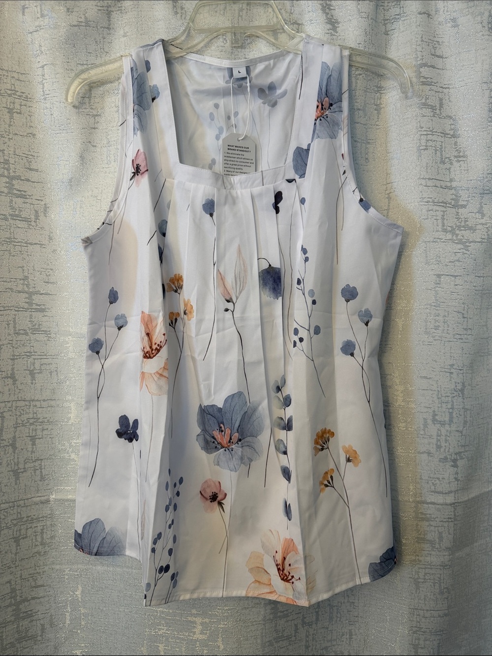 White Floral Pleated Camisole with Blue & Peach Blooms